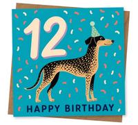 12th Birthday Card, Spotted Party Hat Dog, Number 12 | For a 12th birthday: spotted dog in a party hat, cheerful confetti, big number 12 and bold HAPPY BIRTHDAY text.