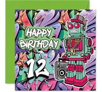 12th Birthday Cards for Boys - Wicked Graffiti Robot - Happy Birthday Card for 12 Year Old Boy Brother Cousin Godson Grandson, 145mm Bday Greeting Cards