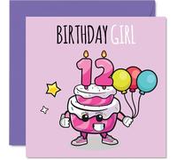 12th Birthday Cards for Girls - Birthday Cake Girl Balloons - Happy Birthday Card for 12 Year Old Girl Niece Sister Granddaughter Goddaughter, 145mm Bday Greeting Cards