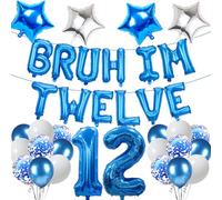 12th Birthday Decoration Balloon Banner - 36 Pcs Blue Bruh Im Twelve Letter Banners Number 12 Star Foil Latex Balloons For Boys And Girls Teenager Birthday Celebration Party Decor Supplies