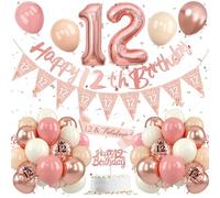 12th Birthday Decoration Rose Gold, 12th Birthday Decoration Set Pink White, 12th Birthday Decoration, Number 12 Balloons with Banner Cake Topper for Girls, 12th Birthday Party Decorations