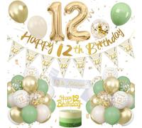 12th Birthday Decoration Sage Green, Green White Gold Birthday Decorations for 12 Year Old, Number 12 Balloons with Banner, Cake Decoration for Boy and Girl, 12 Year Old Birthday Decoration