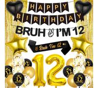 12th Birthday Decorations Balloons Banner - 28 Pcs Boys Black Gold Happy Birthday Banner Decorations Bruh I'M 12 Banners Curtain Backdrop Foil Balloons for 12 Years Old Boy Party Decor Supplies