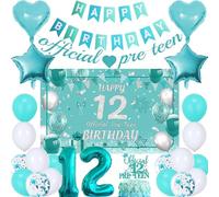 12th Birthday Decorations Balloons Banners - 26 Pcs Teal Blue Star Heart Number 12 Foil Balloon Backdrop Banner Pull Flag Cake Topper Birthday Party Supplies For Teens Boy Girl Party Decorations