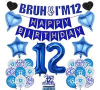 12th Birthday Decorations Balloons Boys - 27 Pcs Glitter Blue Bruh I'm 12 Happy Bday Banners Numbers Star Heart Foil Balloon Cake Topper Sign Party Supplies for Pre-teen Twelve Years Old Decor