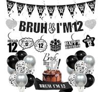 12th Birthday Decorations Balloons Boys - 28 Pcs Black Bruh I'M 12 Banner Swirl Hangings Confetti Balloons Sash Cake Topper for Pre Teen Boy 12 Years Old Birthday Party Decor Supplies