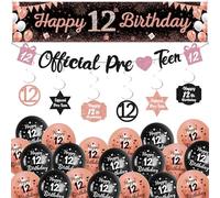 12th Birthday Decorations Balloons for Girl - 34 Pieces Rose Gold Party Decoration with Happy 10th Birthday Latex Balloon Banner, Black Official Pre-Teen Garland Hanging Swirls for 12 Years Old Girls