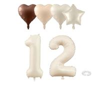 12th Birthday Decorations Balloons for Girls, Large Foil Cream 40in Number Balloons with Ribbons, 6 Hearts 2 Stars 2 Numbers Kit for Kids Birthday Wedding Anniversary Party Boho Theme Decoration