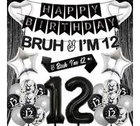 12th Birthday Decorations Banner Balloons - 28 Pcs Black Silver Banners Curtain Backdrop Decoration Set with Happy Birthday Banner Bruh I'M 12 Banners Foil Balloons for 12 Years Old Party Supplies