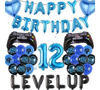 12th Birthday Decorations Banner Boys - Video Game Party Decoration Set Happy Birthday Banners Hearts and Gaming Controller Foil Balloons for Kids 12 Years Old Party Supplies