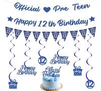 12th Birthday Decorations Banner for Boy - Blue Official Pre Teen Decoration Hanging Swirls Set with Pennant, Happy Birthday Banners Cake Topper for 12 Years Old Party Supplies