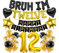 12th Birthday Decorations Banners Boy - 37 Pcs Black Gold Happy Birthday Banner BRUH I'M TWELVE Star Heart Number 12 Foil Balloons Decoration Sequin Balloons for 12 Years Old Boys Party Decor