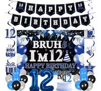 12th Birthday Decorations Banners Boys - 30 Pcs Black and Blue Happy Birthday Banner Set Bruh I'M 12 Background Curtain Number Foil Balloons Cake Topper Hanging Swirls for 12 Years Old Boy Party Decor