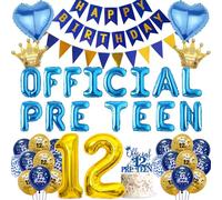 12th Birthday Decorations Blue Gold - Official Pre-Teen Foil Balloons Cake Topper Number 12, Happy Birthday Banner Balloon Decor for 12 Years Old Boys