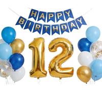 12th Birthday Decorations Blue White Gold, Happy 12th Birthday Banner Number 12 Foil Confetti Balloons Funny 12th Party Supplies for Official Pre-teen 12 Years Boys Girls Teenager (12th)