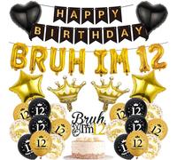12th Birthday Decorations Boys Banners - 34 Pcs Black and Gold Happy Birthday Banner Bruh I'M 12 Star Heart Crown Foil Balloons Cake Topper Sequin Balloons for 12 Years Old Boy Party Decor Supplie