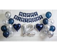 12th Birthday Decorations Boys Girls, Metallic Silver Blue Happy 12 Birthday Balloon Banner Heart Jumbo 12 Foil Confetti Balloons Kit for Boys Girls Official Pre-teen 12 Years Party Supplies(12th)