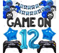 12th Birthday Decorations for Boys - 50 Pieces Video Game Party Supplies, Blue Happy Banner, Gaming Controller Foil and Latex Balloons, 12 Year Old Gamer Party Decor