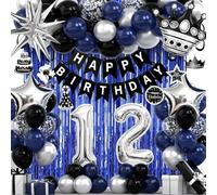 12th Birthday Decorations for Boys and Girls, Black Blue Silver Happy Birthday Number 12 Balloons, Banner, Fringe Curtains Garland Kit - 12 Year Old Party Supplies