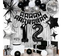 12th Birthday Decorations for Boys Girls, Black Silver Happy Birthday Party Decorations， 12 Year Old Party Supplies with Number 12 Balloons, Banner, Fringe Curtains Kit