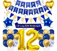 12th Birthday Decorations for Boys - Navy Blue Gold Happy Birthday Banner Set, Including Hanging Swirls Bunting, Number 12 Foil Balloons, Sash for Teenagers Birthday Party Supplies