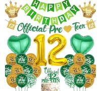 12th Birthday Decorations for Girl Boy- 45 Pieces Green Gold Balloons Set Happy Birthday Garland Banner, Number 12 Heart Crown Balloon Cake Topper for Official Pre-Teen Party Supplies