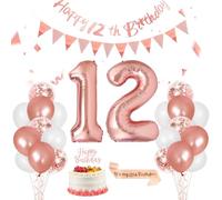 12th Birthday Decorations for Girl, Rose Gold Balloons Decoration, Happy 12th Birthday Banner, Number 12 Foil Balloon, Sash, Cake Topper for 12 Party Decor