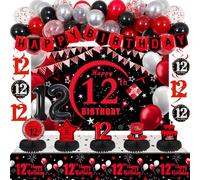 12th Birthday Decorations for Girls Boys Red Black, 12 Year Old Boy Girl Birthday Decorations with Happy Birthday Banner Backdrop 12 Balloon Number Honeycomb Centerpieces Tablecloth Party Supplies