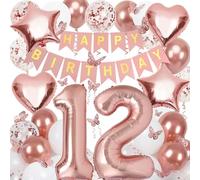 12th Birthday Decorations for Girls, Rose Gold 40 Inch Number 12 Foil Birthday Balloons with Happy Birthday Banner and Butterfly Stickers