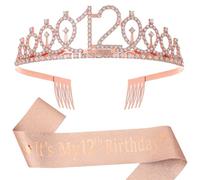 12th Birthday Decorations for Girls,Rose Gold Glitter Sash & Rhinestone Crown for 12 Year Old Girl Birthday Decor,Ideal Princess Gifts and Accessories for Little Birthday Girl