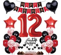 12th Birthday Decorations - Girl & Boy Happy Birthday Banner & Cake Topper Set - Red & Black - 12 Years Party