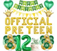 12th Birthday Decorations Green Gold - Official Pre-Teen Foil Balloons Cake Topper Number 12, Happy Birthday Banner Balloon Decor for 12 Years Old Boys and Girls