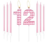 12th Birthday Decorations - Pink 3D Number 12 Candles, Long Candle, Cake Topper for Girls Kids Women Birthday Party Wedding Anniversary Supplies