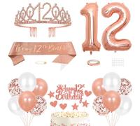 12th Birthday Decorations Princess Crown Queen Tiara It's My 12th Birthday Sash 12 Year old Cake Topper Number Balloons Set for Party Supplies, Rose Gold