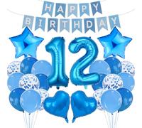 12th Birthday Decorations Set Blue Theme Happy Birthday Banner Bunting Balloon Decor Photo Backdrop for Boys Girls Tweens Party Supplies Celebration Decor Event Bundle Bunting Set Party Pack