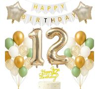 12th Birthday Decorations Set Light Gold White Sage Green Theme Happy Birthday Banner Balloon Decor Photo Backdrop for Boys Girls Kids Turning 12 Age 12 Party Supplies Celebration Decor Event Bundle