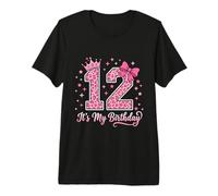 12th Birthday Girl Pink Leopard Bow Crown Cute 12 Years Old Premium T-Shirt