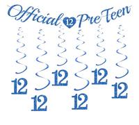 12th Birthday Official Pre Teen - Banner Bunting With 6 PCS Blue Hanging Swirls Streamers Happy 12th Birthday for Boys Party Decorations