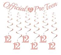 12th Birthday Official Pre Teen - Banner Bunting With 6 PCS Rose Gold Hanging Swirls Streamers Happy 12th Birthday for Boys Party Decorations