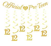 12th Birthday Official Pre Teen - Bunting Banner With 6 PCS Gold Hanging Swirls Streamers Happy 12th Birthday for Boys and Girl Party Decorations