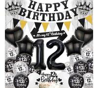12th Birthday Party Decorations for Boys - Black Silver Happy Birthday Banner Pennant Flags Garlandand Sash, Star Heart Crown Number Foil Balloons Cake Toppers for 12 Years Old Teens Girls