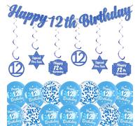 12th Birthday Party Decorations for Boys - Blue Happy 12th Birthday Banner and Latex Printed Balloons, Hanging Swirls Backdrop Decor Confetti Balloon for Kids 12 Years Old Party Supplies