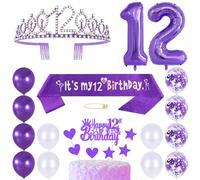 12th Birthday Princess Crown Queen Tiara Rhinestone Headbands Cake Toppers Number 12 Helium Balloons Purple Latex Balloon Decoration for Girls 12 Year Old Party Supplies