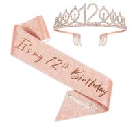 12th Birthday Sash and Tiara Set Rose Gold Birthday Sash Crown Birthday Party Favors Supplies for Girls Birthday Party
