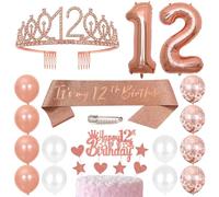 12th Birthday Sash Princess Crown Queen Tiara Rhinestone Headbands Cake Toppers Number 12 Helium Balloons Rose Gold Latex Balloon 12 Birthday Decoration for Girls 12 Year Old Birthday Party Supplies