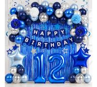 12th Blue Birthday Decorations for Boys Kids Happy Birthday Banner Balloons