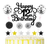12th Cake Decorations Happy Birthday Cake Picks Star Paper-fans Balloon Cupcake Toppers for 12th Birthday Decorations Party Supplies, Black
