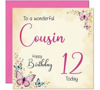 12th Cousin Birthday Card - Beautiful Butterfly Floral Cousins Birthday Card for 12 Year old Kids twelve, twelfth