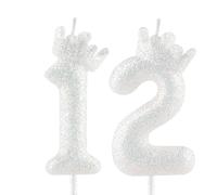 12th Glitter White Crown Birthday Candles, Classic White Birthday Number Candle for Cake Topper Decorations Girls Wedding Anniversary Celebration Happy Party Supplies