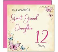 12th Great Granddaughter Birthday Card - Beautiful Butterfly Floral Birthday Card for 12 Year old Kids twelve, twelfth